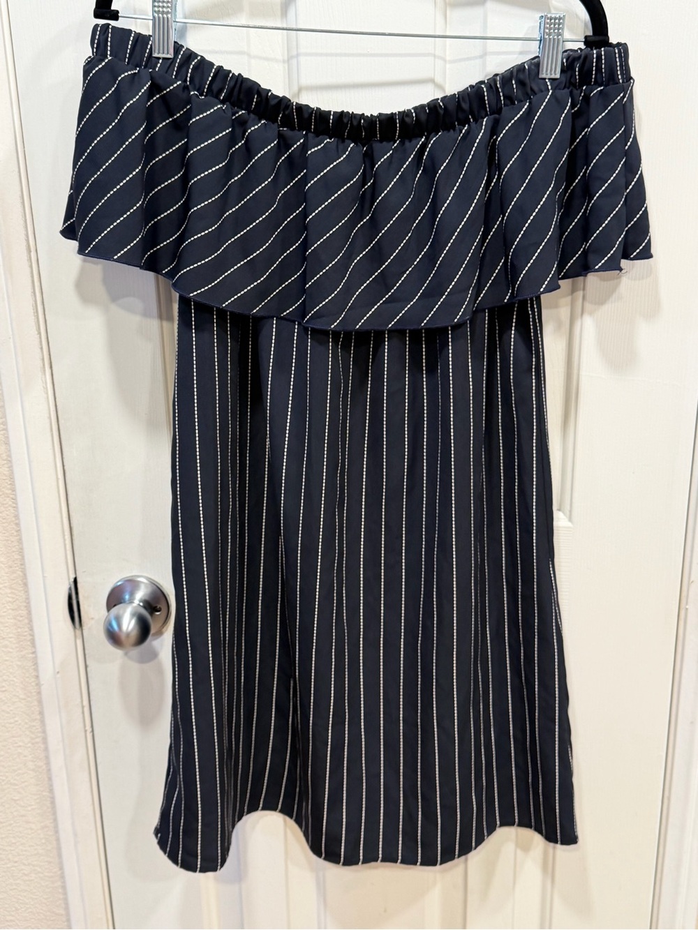 Tyche Black Off-the-Shoulder with White Pinstripe Midi Dress Size M